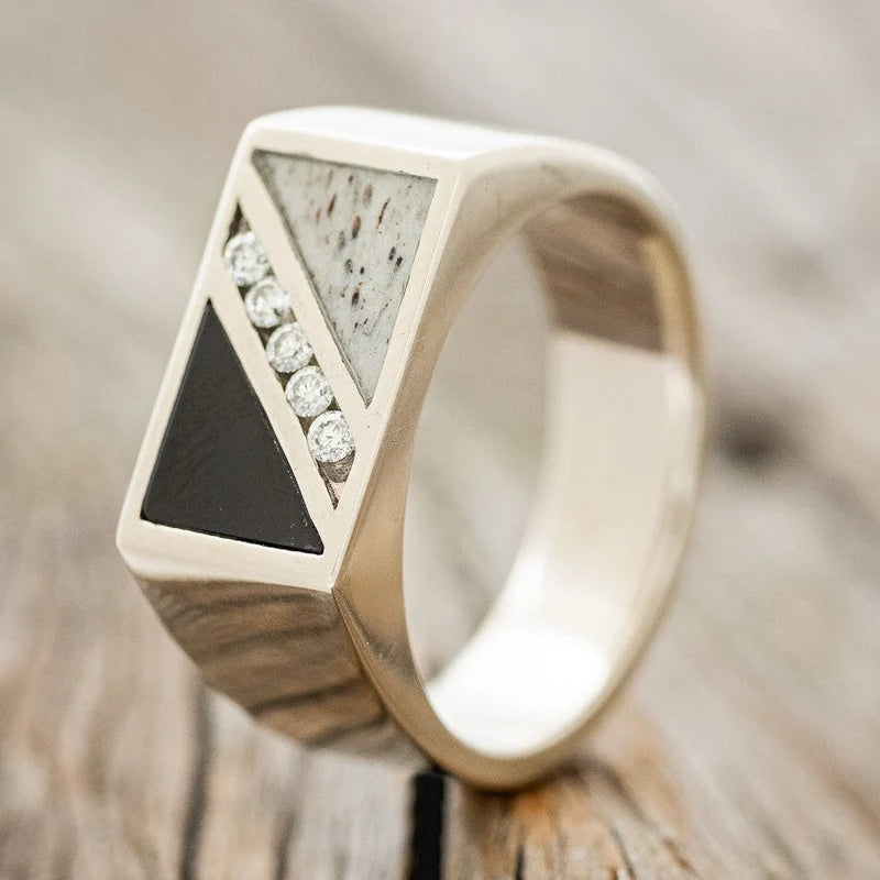 "Alden" - Black Onyx, Antler & Diamond Wedding Band - 14K White Gold (8mm) - Size 11