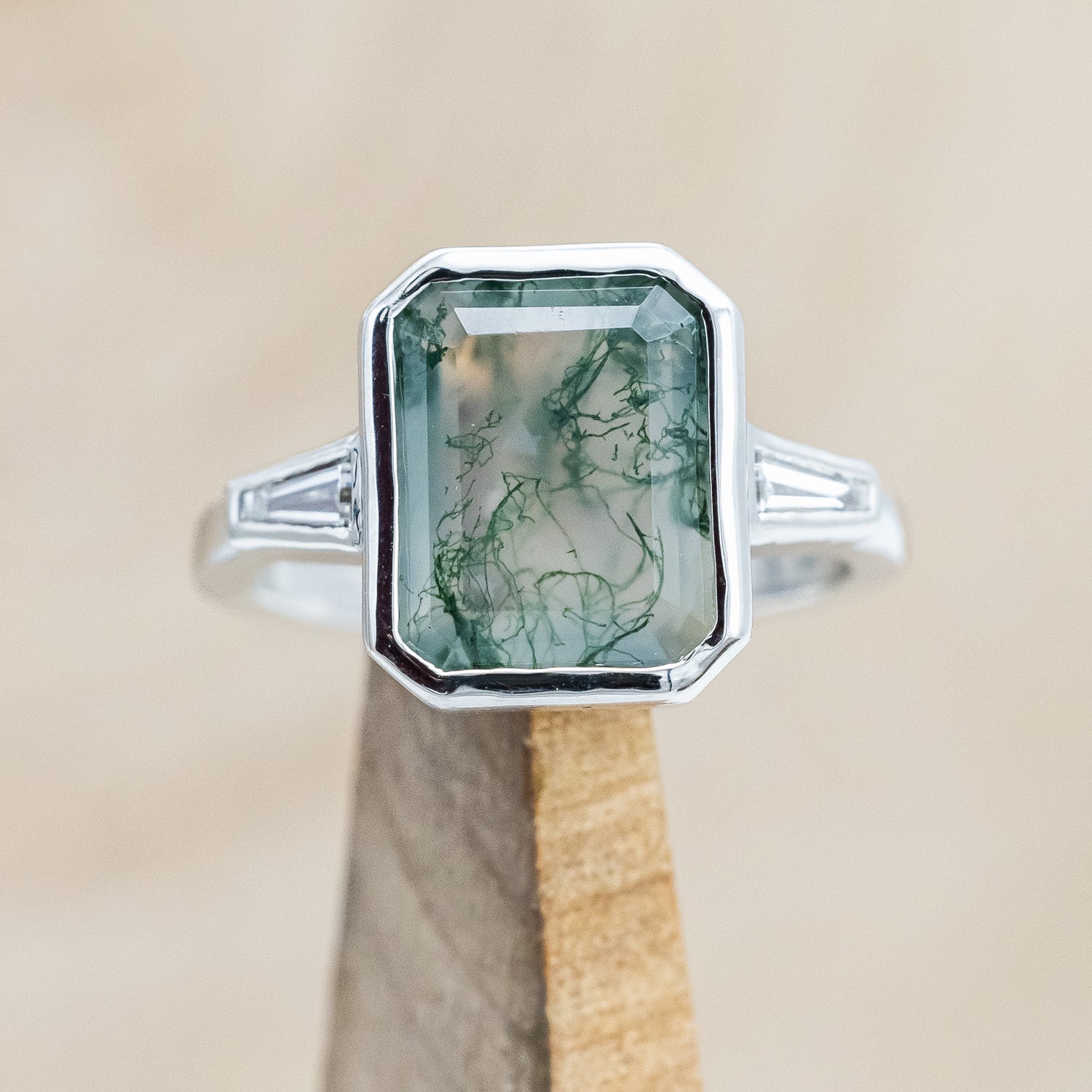 "ALYS" - EMERALD CUT MOSS AGATE ENGAGEMENT RING WITH DIAMOND ACCENTS-Staghead Designs
