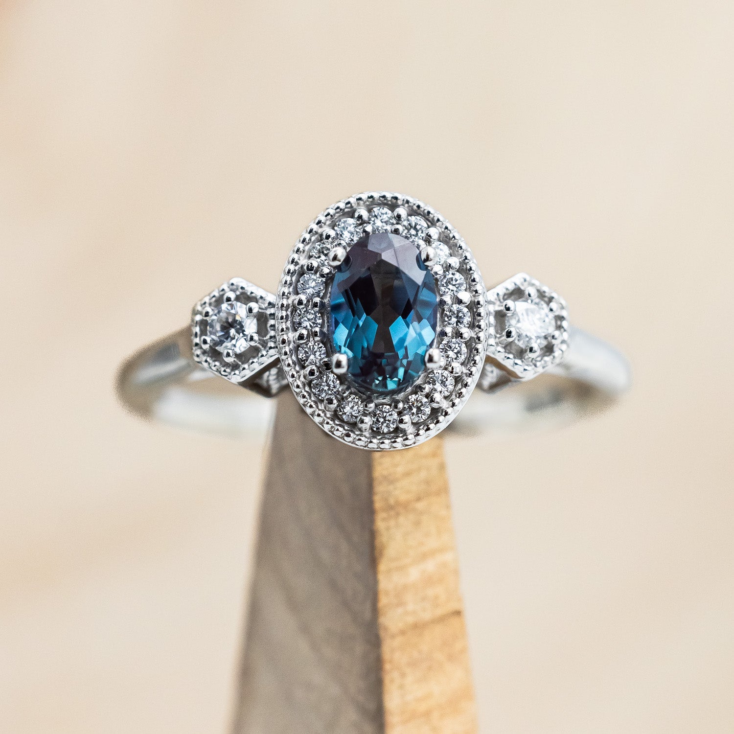 "AMELIA" - OVAL LAB-GROWN ALEXANDRITE ENGAGEMENT RING WITH DIAMOND HALO & ACCENTS-Staghead Designs