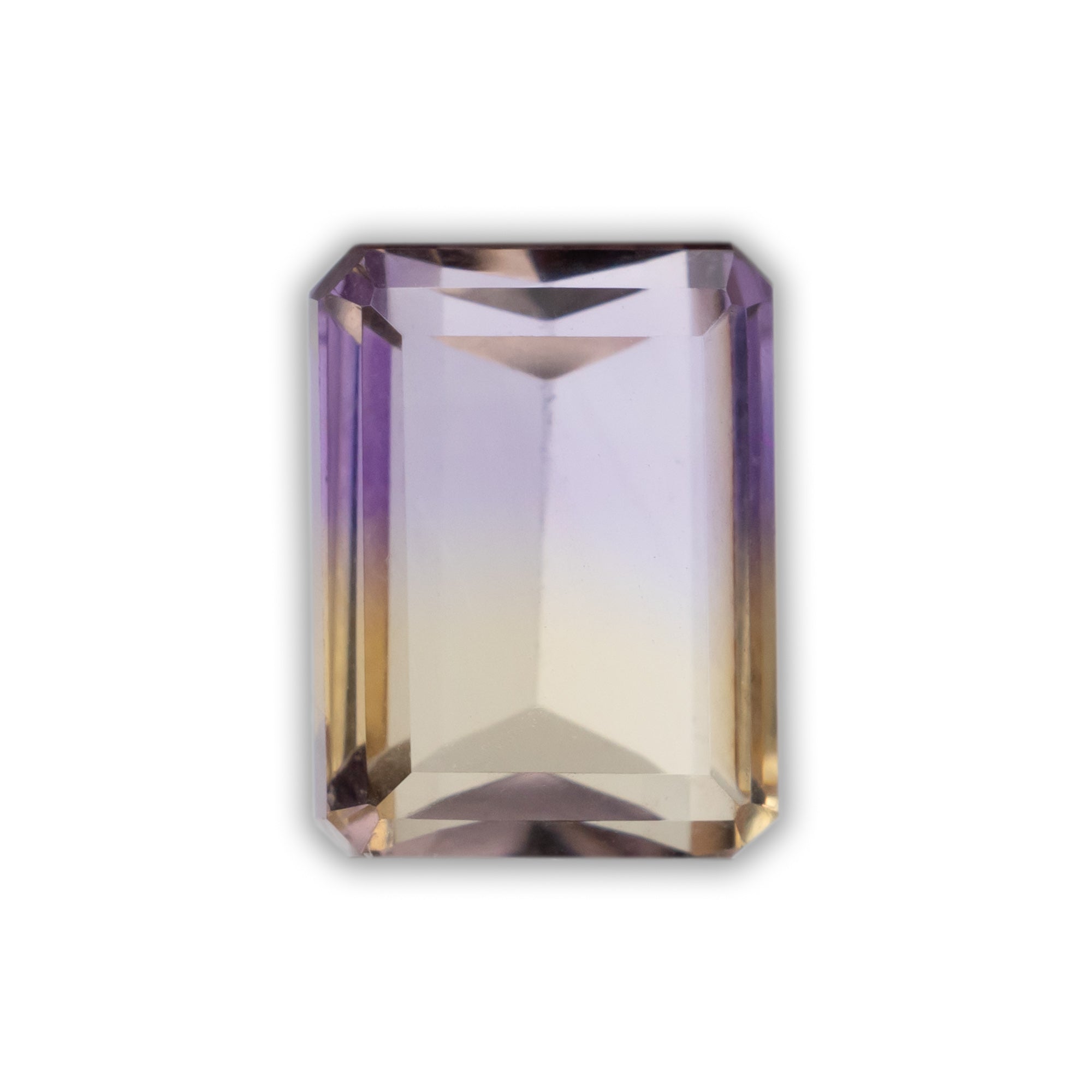 Emerald cut ametrine with gradient color on a white background