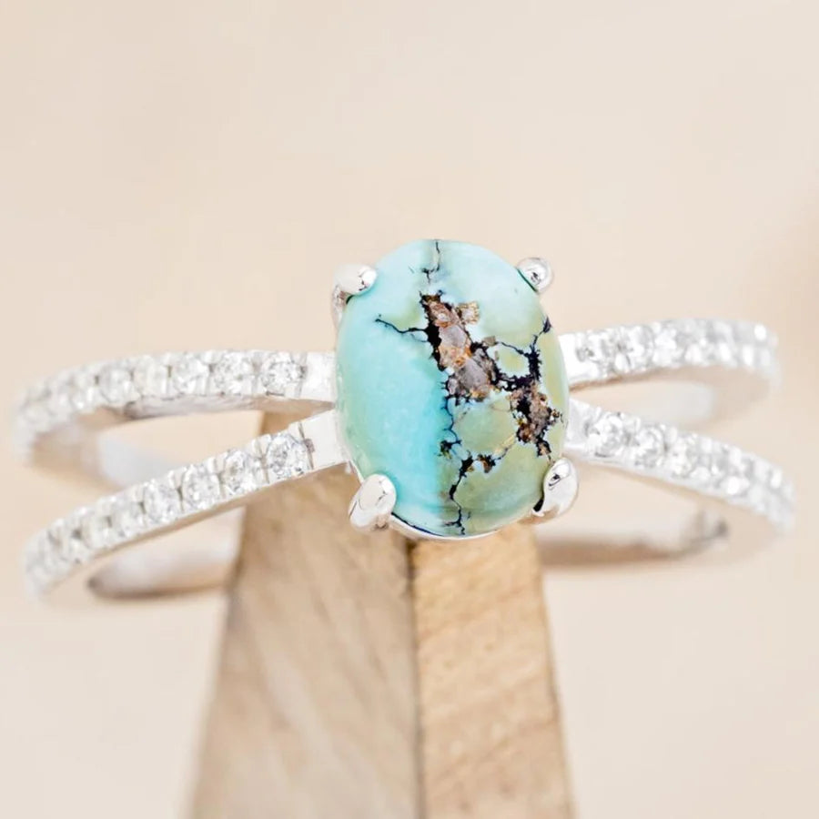 "ANASTASIA" - OVAL CABOCHON CUT TURQUOISE ENGAGEMENT RING WITH DIAMOND ACCENTS - 14K WHITE GOLD - SIZE 5 1/2-Staghead Designs