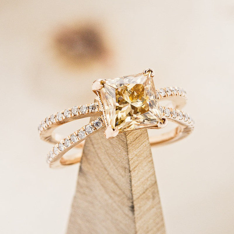 "ANASTASIA" - PRINCESS CUT CHAMPAGNE MOISSANITE ENGAGEMENT RING WITH DIAMOND ACCENTS-1