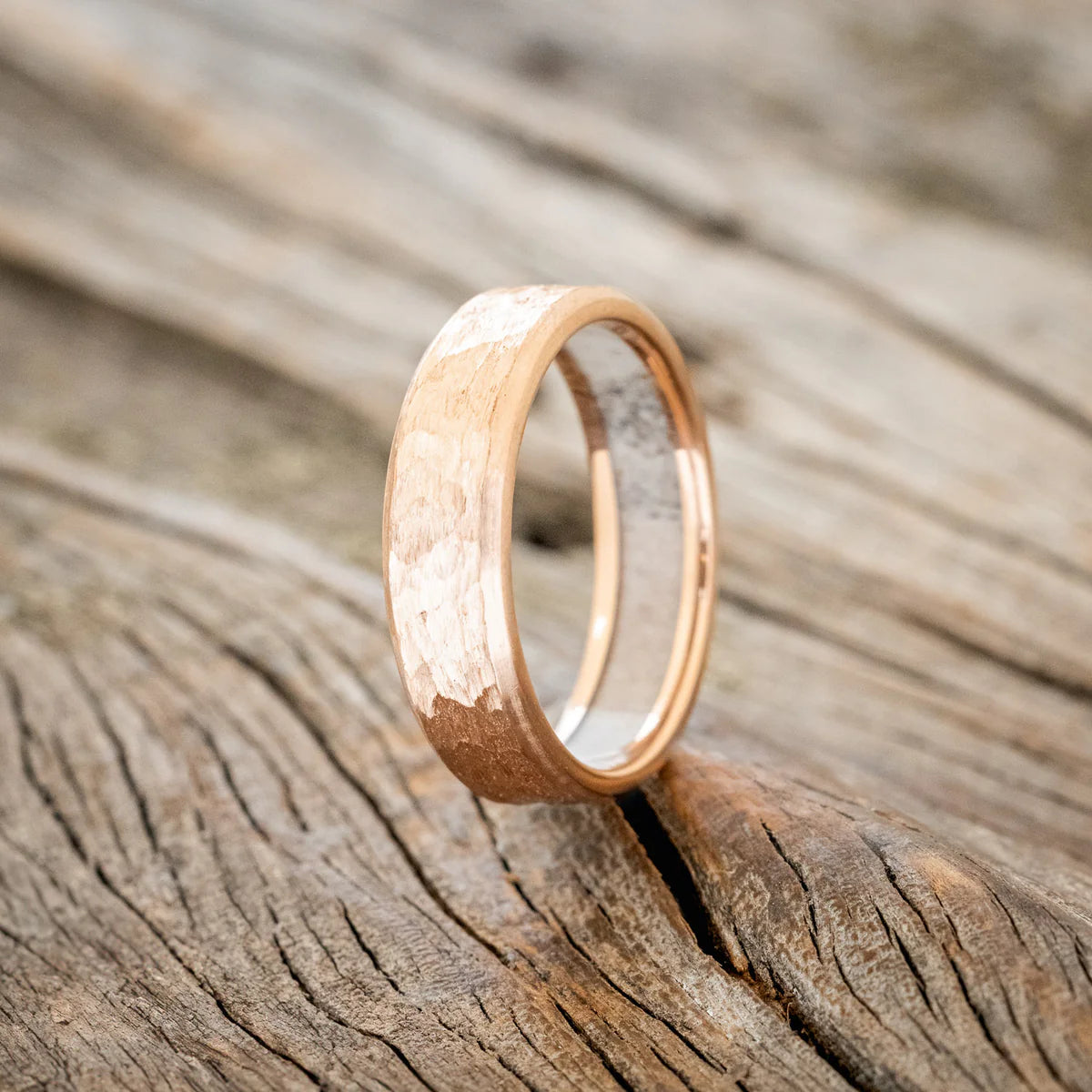 ANTLER LINED WEDDING RING FEATURING A HAMMERED 14K GOLD BAND - 14K ROSE GOLD - SIZE 9.5-Staghead Designs