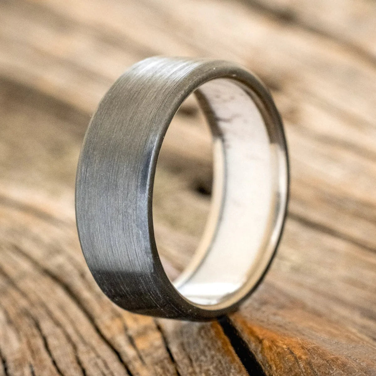 "Hyperion" - Antler Lined Wedding Ring With Brushed Finish - Black Zirconium (8mm) - Size 9 3/4