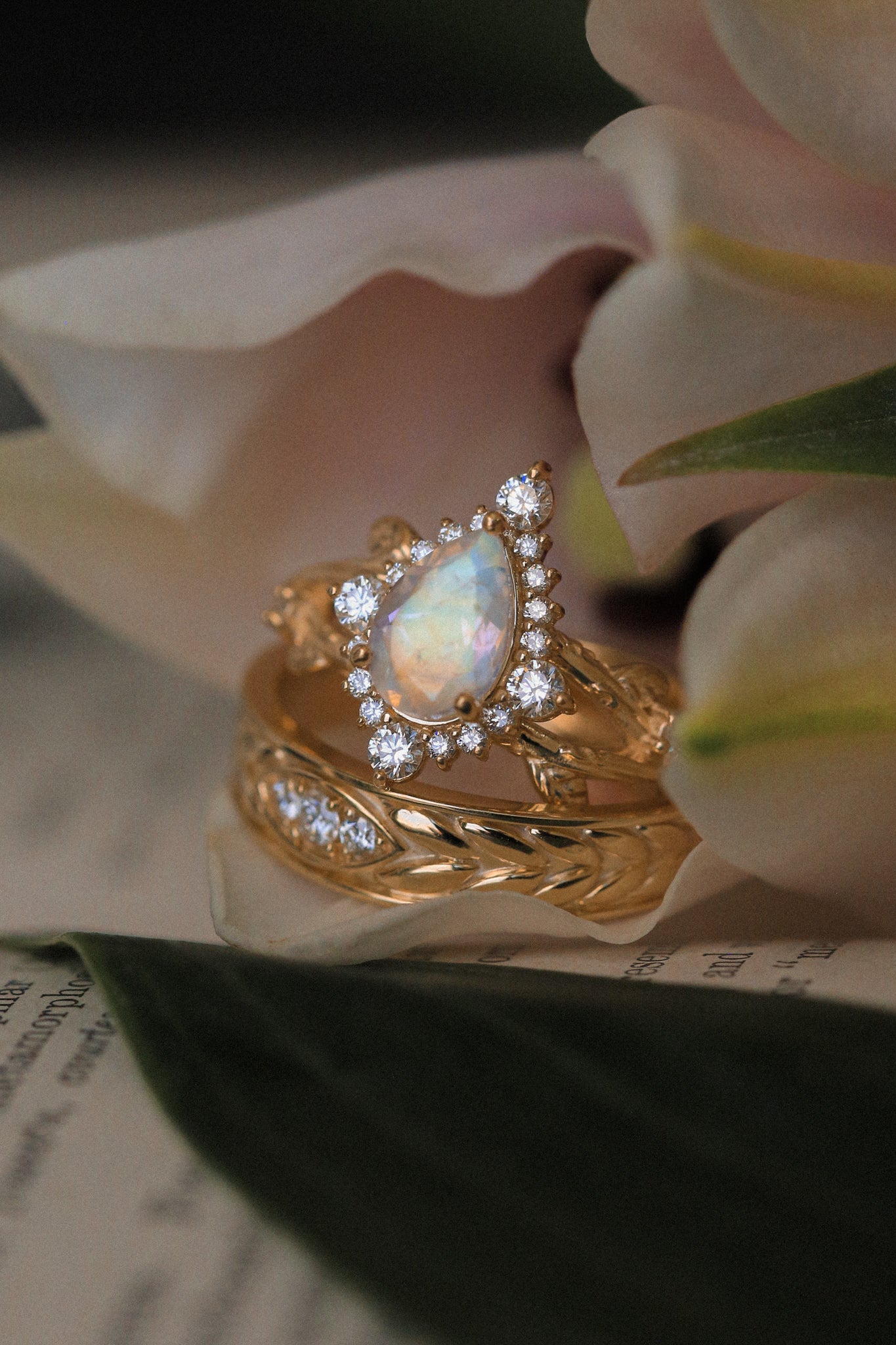 "ARTEMIS ON THE VINE DIVINE" - PEAR MOONSTONE ENGAGEMENT RING WITH DIAMOND ACCENTS & A BRANCH-STYLE BAND-13