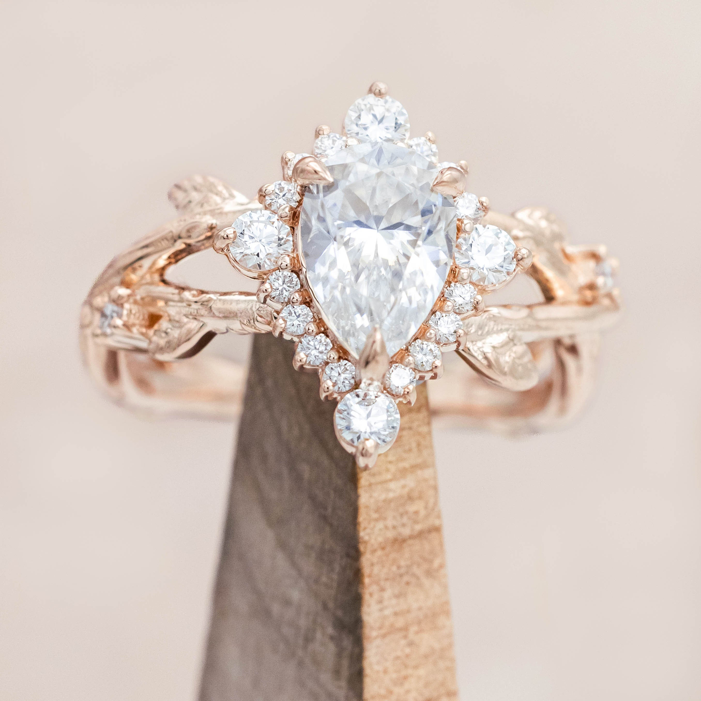 "ARTEMIS ON THE VINE DIVINE" - PEAR ENGAGEMENT RING WITH DIAMOND ACCENTS & A BRANCH-STYLE BAND-Staghead Designs