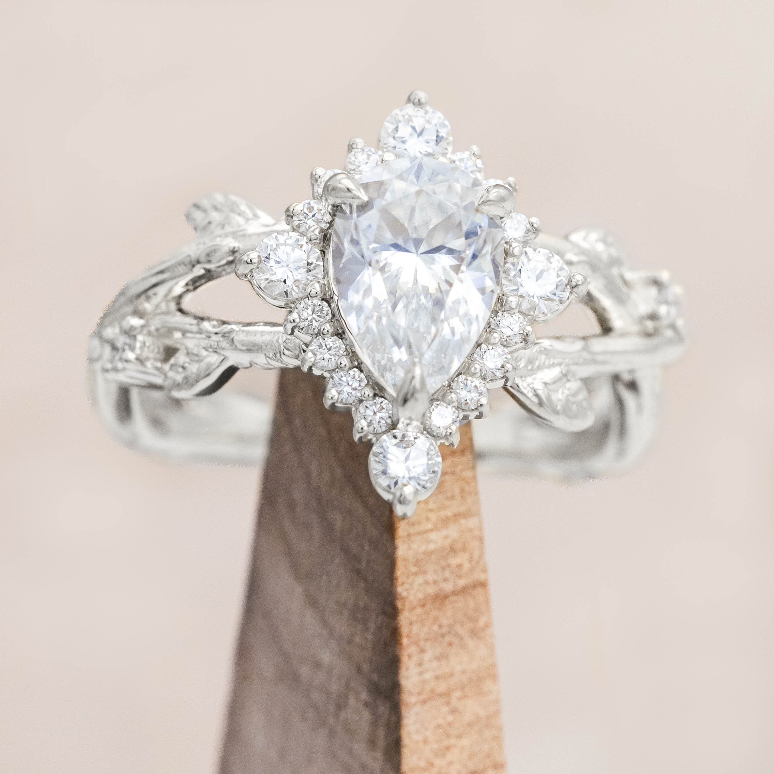 "ARTEMIS ON THE VINE DIVINE" - PEAR ENGAGEMENT RING WITH DIAMOND ACCENTS & A BRANCH-STYLE BAND-Staghead Designs