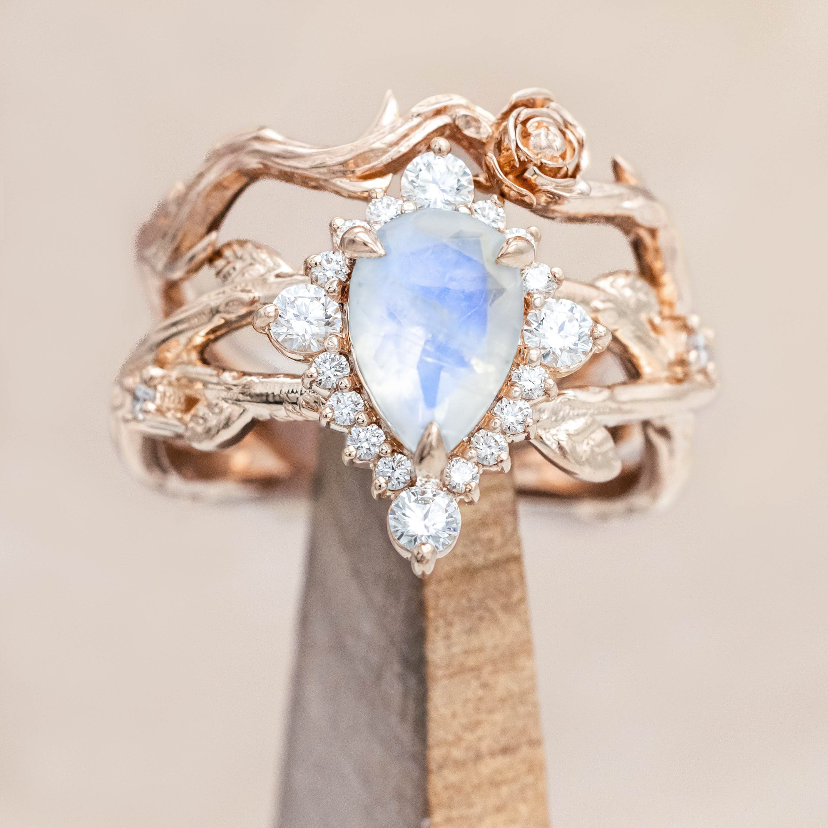 "ARTEMIS ON THE VINE DIVINE" - PEAR ENGAGEMENT RING WITH DIAMOND ACCENTS & A BRANCH-STYLE BAND-Staghead Designs