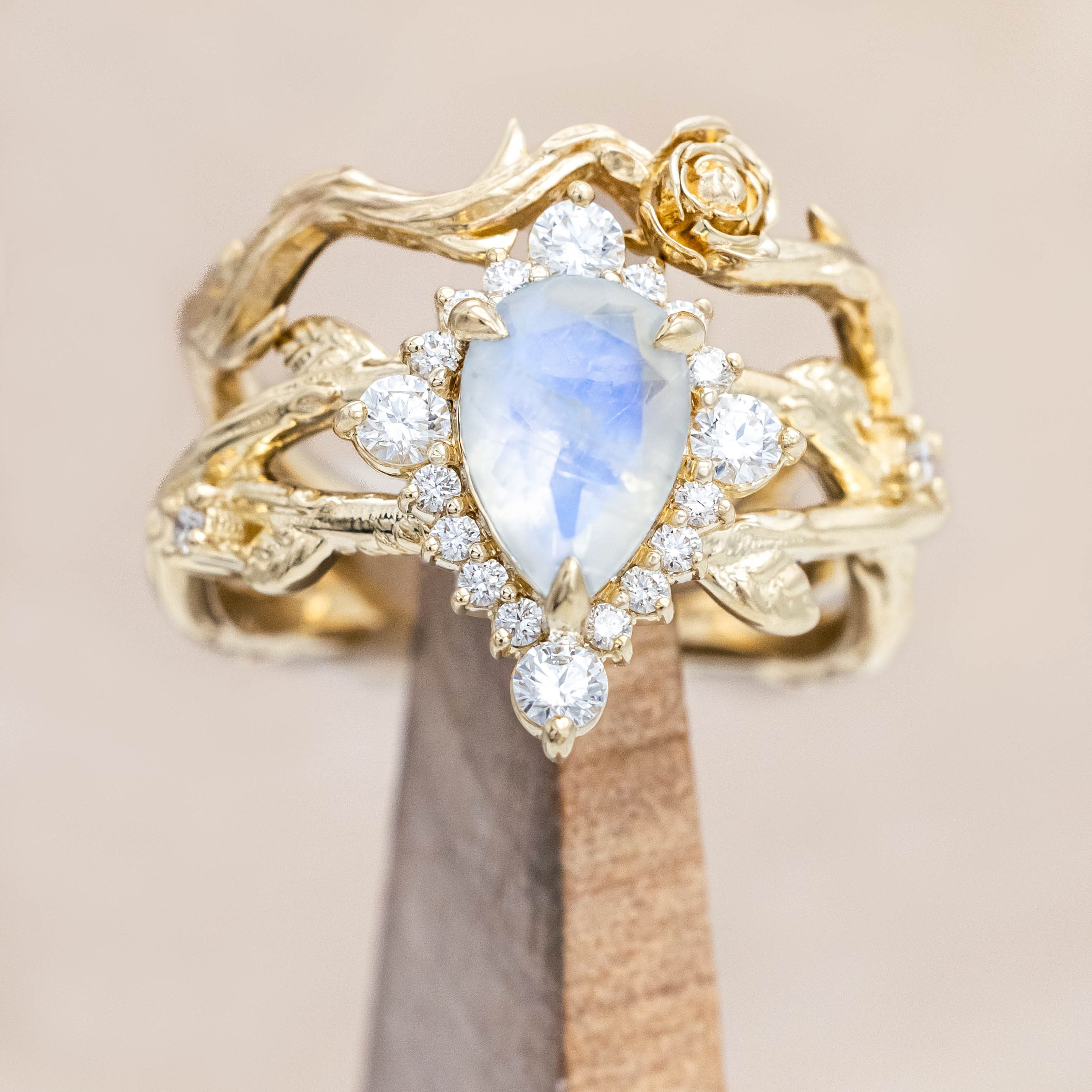 "ARTEMIS ON THE VINE DIVINE" - PEAR ENGAGEMENT RING WITH DIAMOND ACCENTS & A BRANCH-STYLE BAND-Staghead Designs