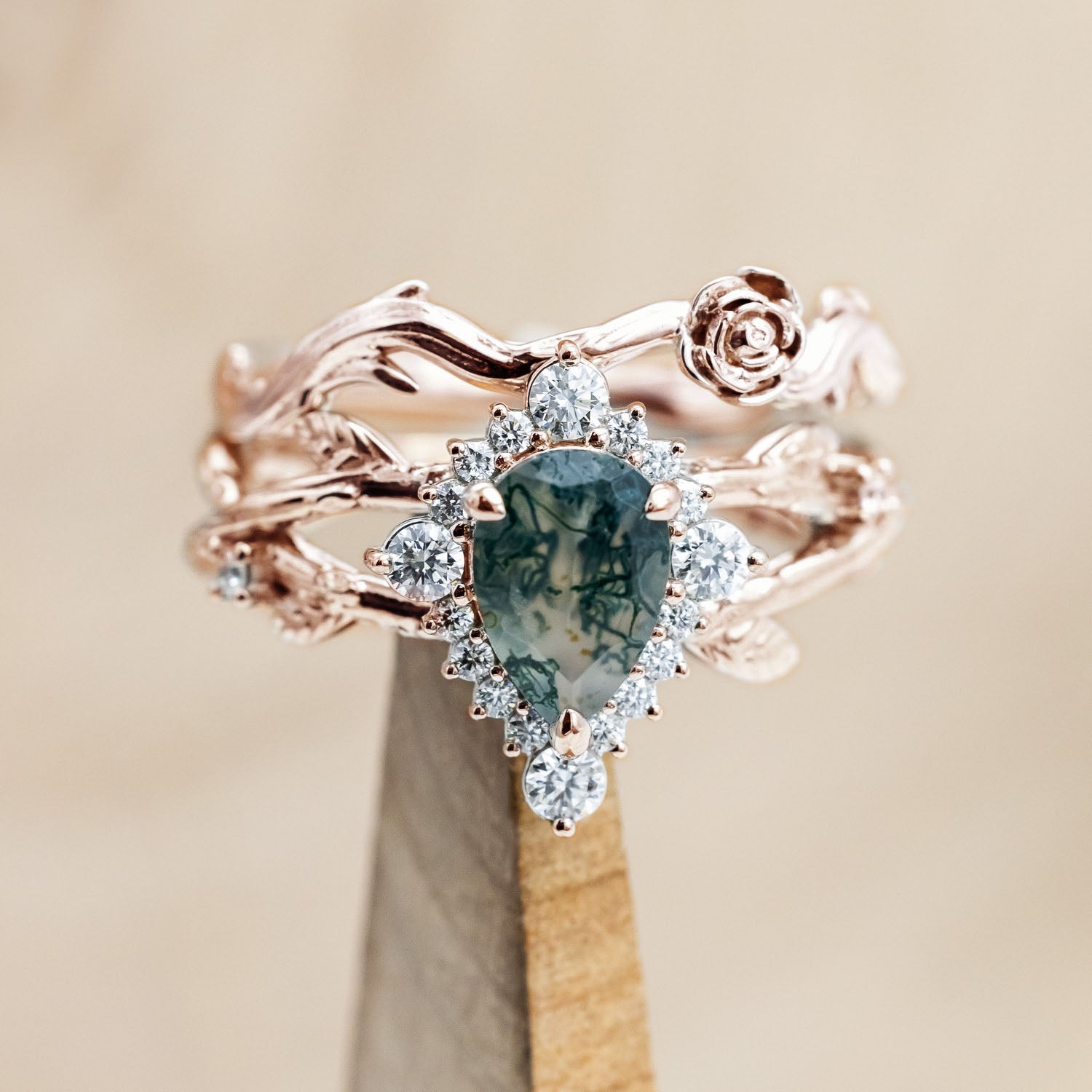 "ARTEMIS ON THE VINE DIVINE" - PEAR ENGAGEMENT RING WITH DIAMOND ACCENTS & A BRANCH-STYLE BAND-Staghead Designs