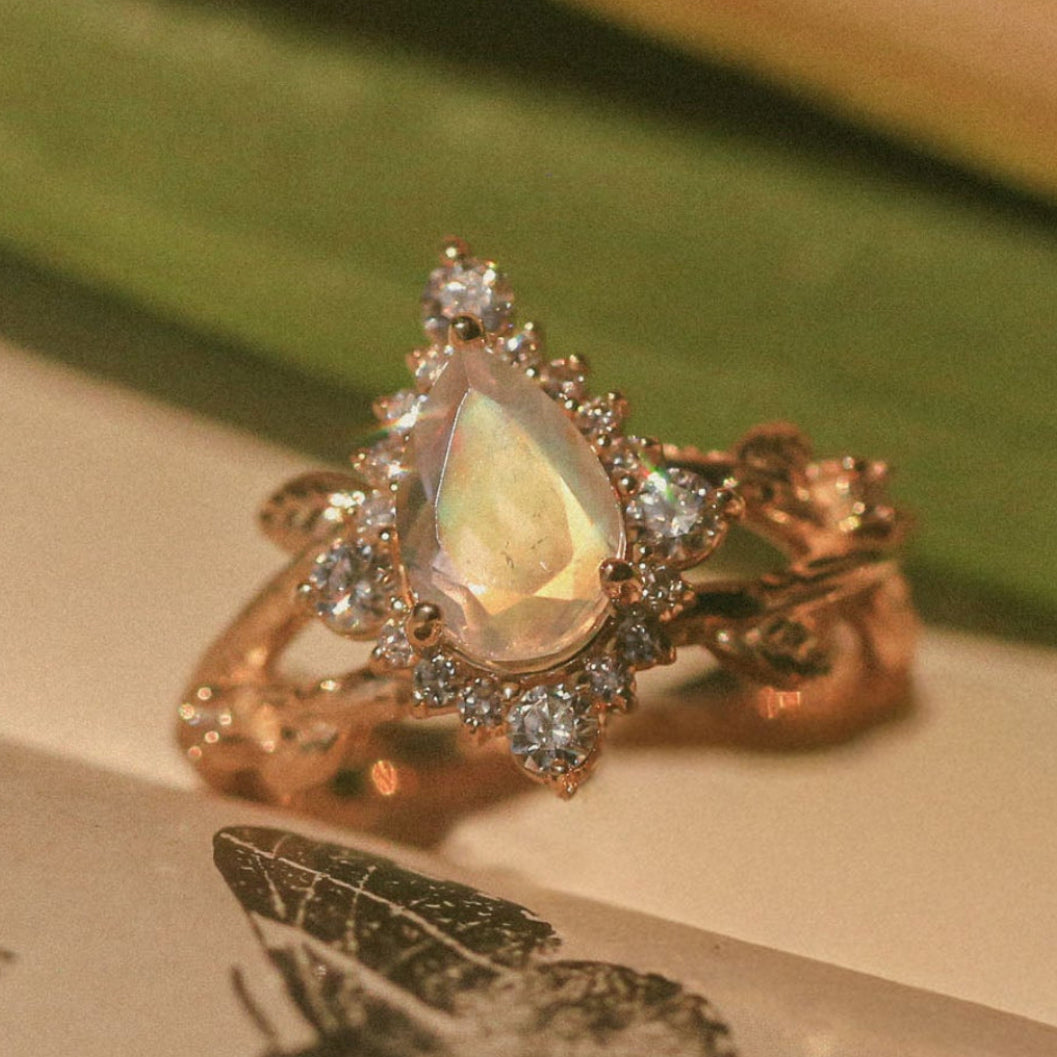 "Artemis On The Vine Divine" - Moonstone Engagement Ring With Diamond Accents & A Branch-Style Band