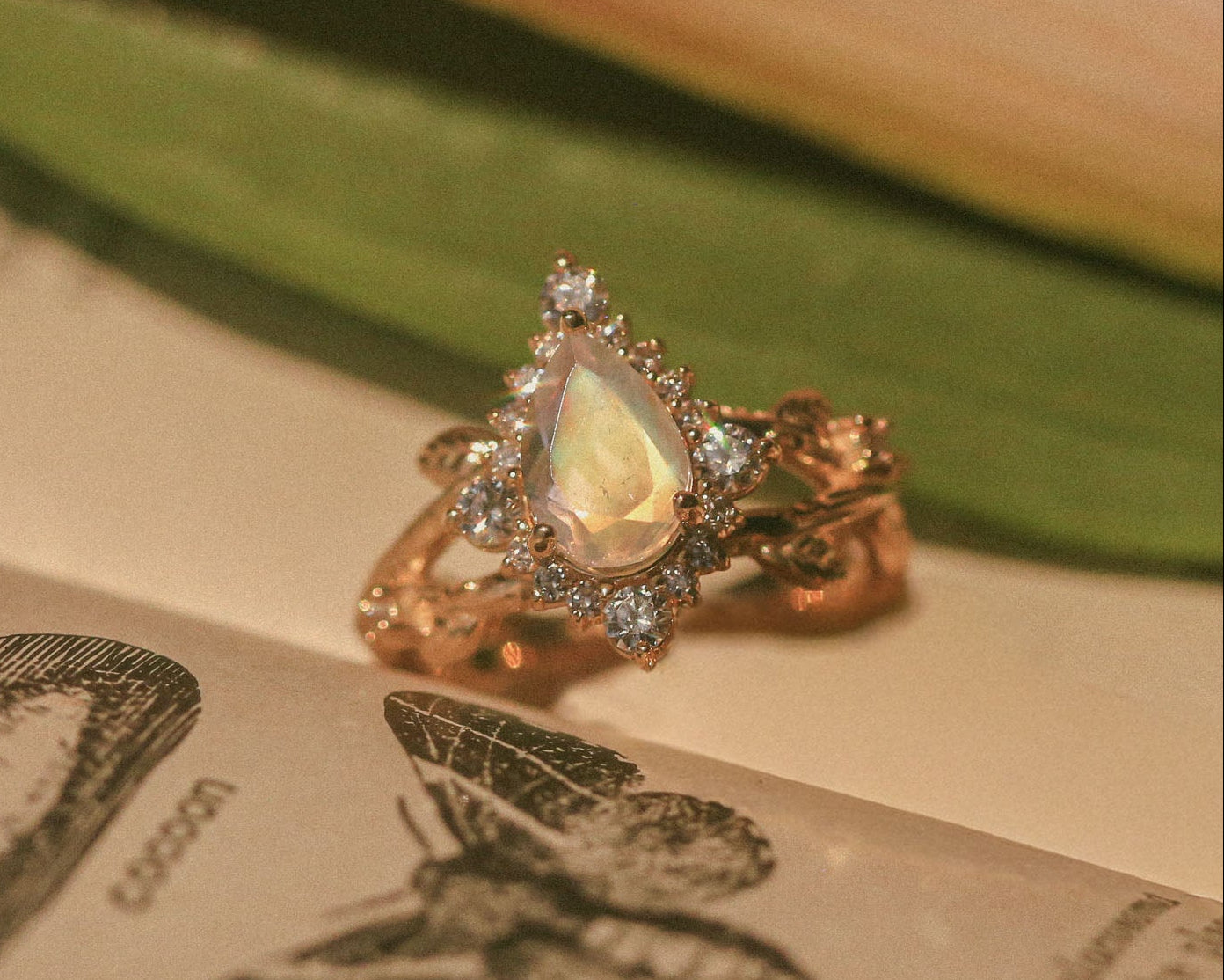 "Artemis On The Vine Divine" - Moonstone Engagement Ring With Diamond Accents & A Branch-Style Band-Staghead Designs