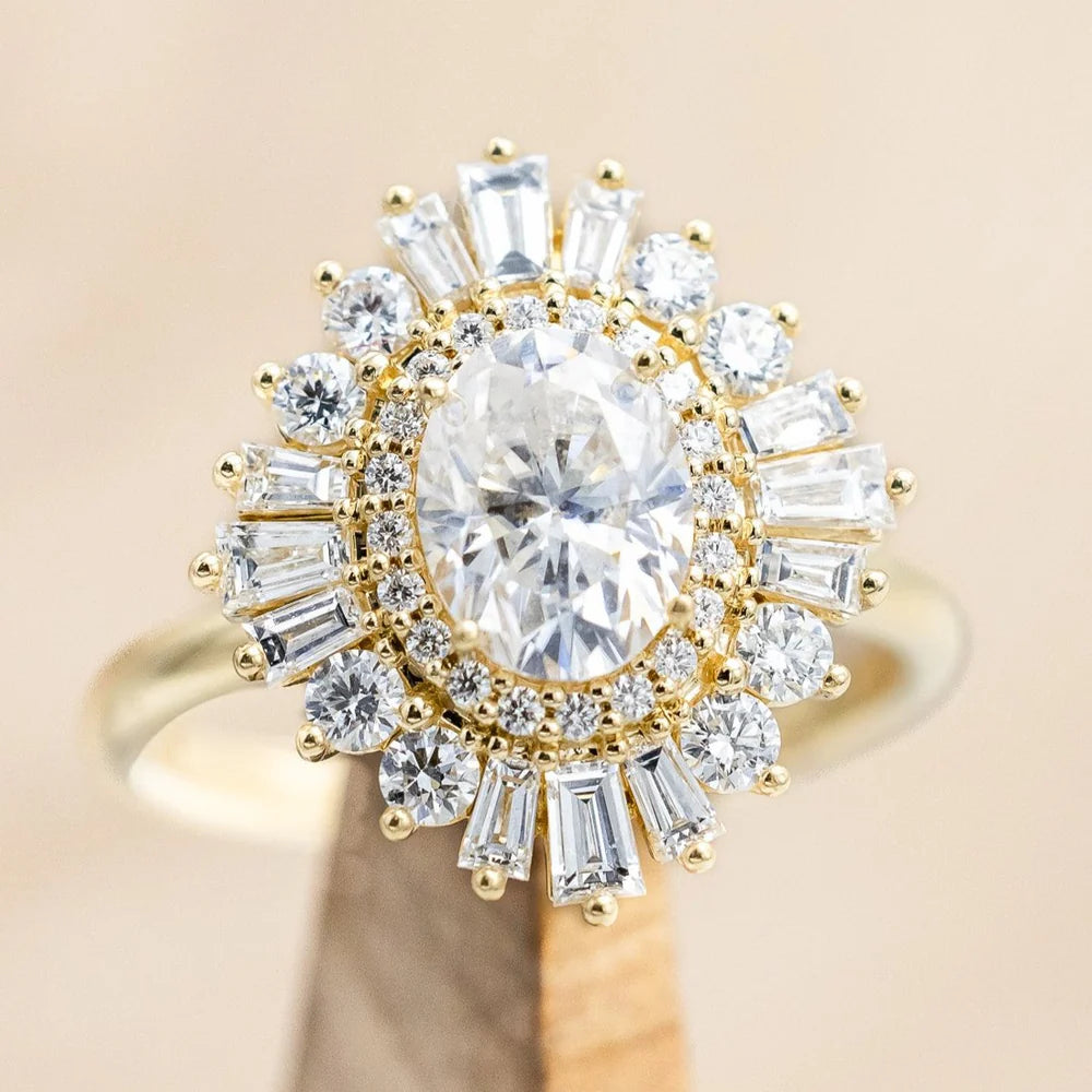 "APHRODITE" - OVAL CUT MOISSANITE ENGAGEMENT RING WITH DIAMOND HALO - 14K YELLOW GOLD - SIZE 7-Staghead Designs