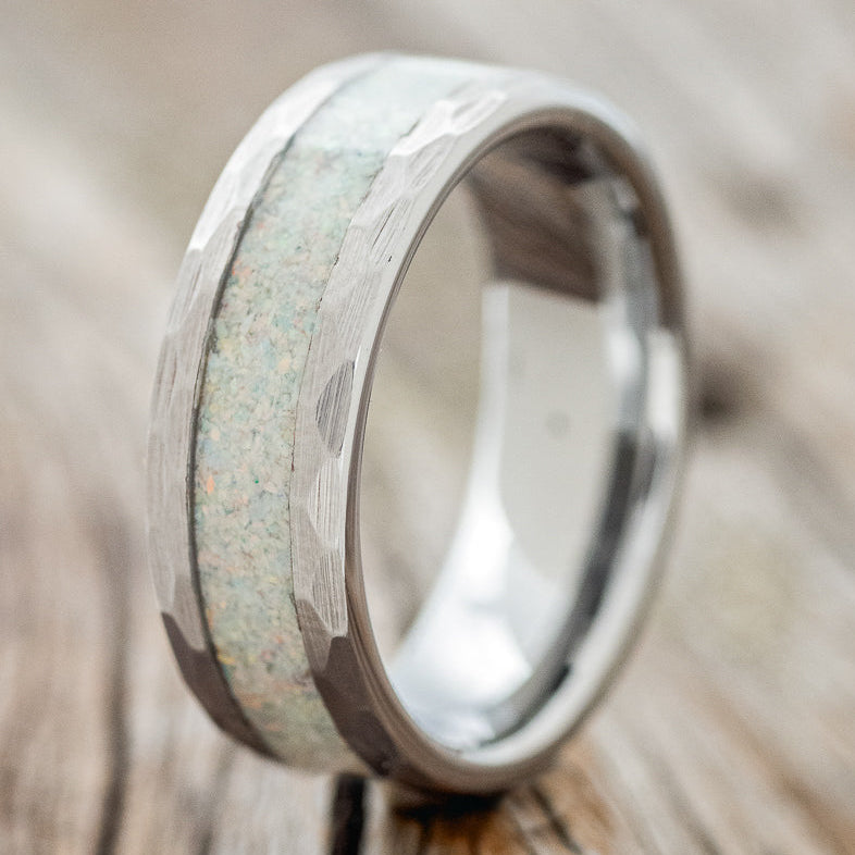 "APOLLO" - FACETED TUNGSTEN WEDDING BAND WITH FIRE & ICE OPAL INLAY - READY TO SHIP-1