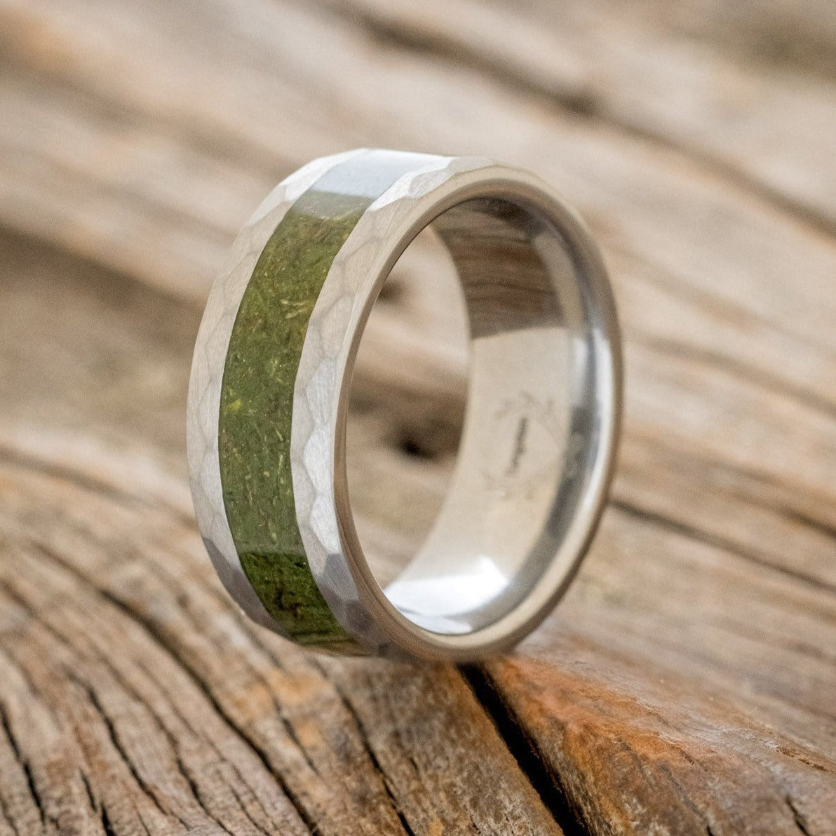"APOLLO" - FACETED TUNGSTEN WEDDING BAND WITH MOSS INLAY-1