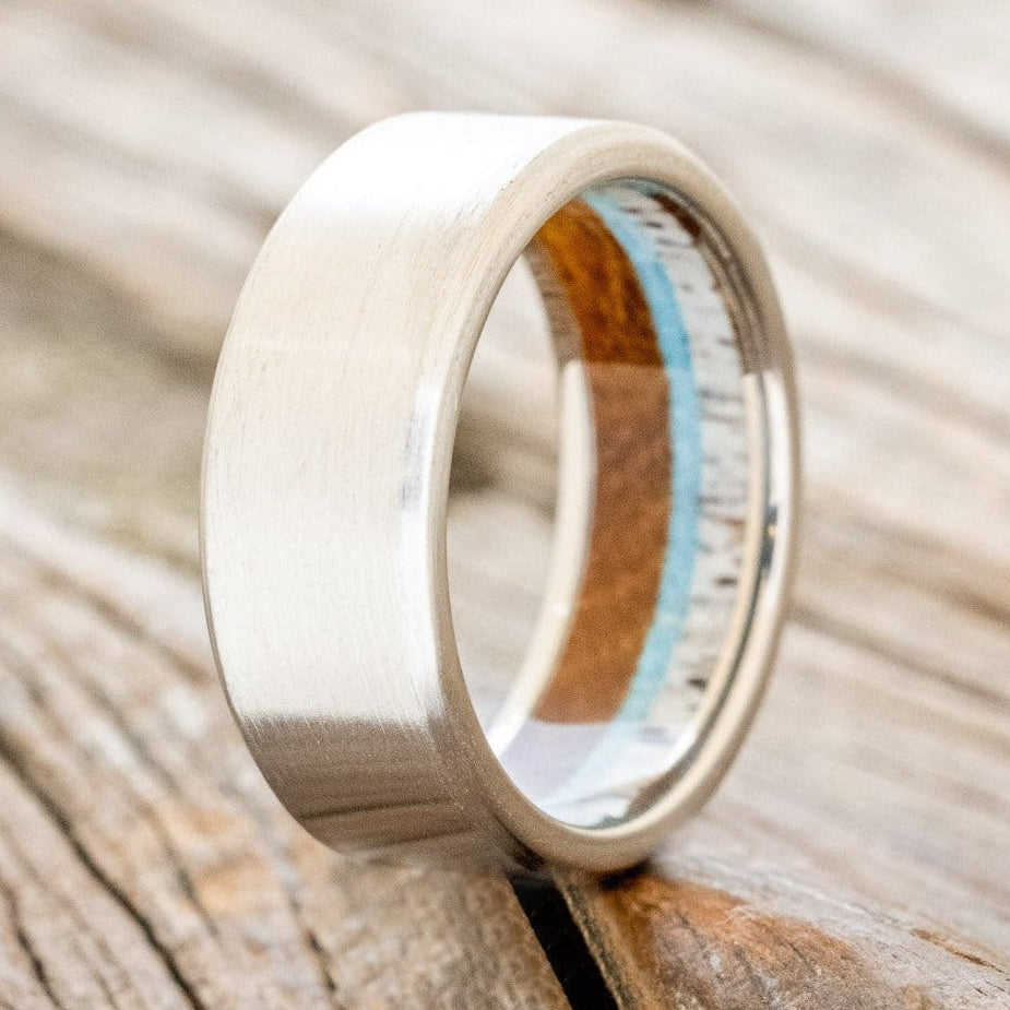 "ARGOS" - ANTLER, IRONWOOD & TURQUOISE LINED WEDDING BAND WITH BRUSHED FINISH-1