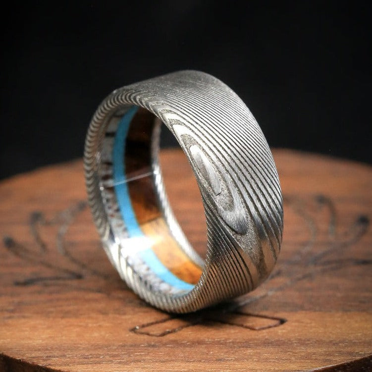 "ARGOS" - ANTLER, IRONWOOD & TURQUOISE LINED WEDDING BAND-1