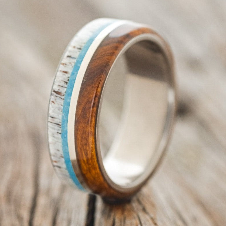"ARGOS" - ANTLER, TURQUOISE, 14K GOLD & IRONWOOD WEDDING RING-1