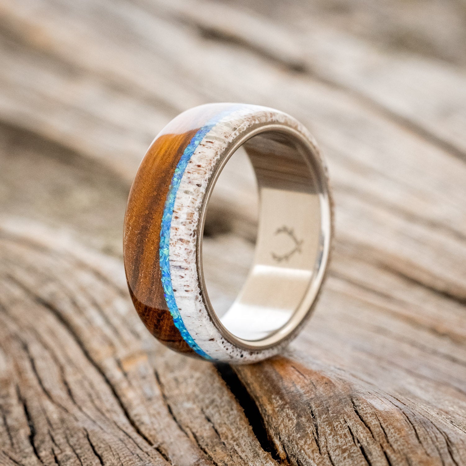 "ARGOS" - BLUE OPAL, IRONWOOD & ANTLER WEDDING BAND - READY TO SHIP-1
