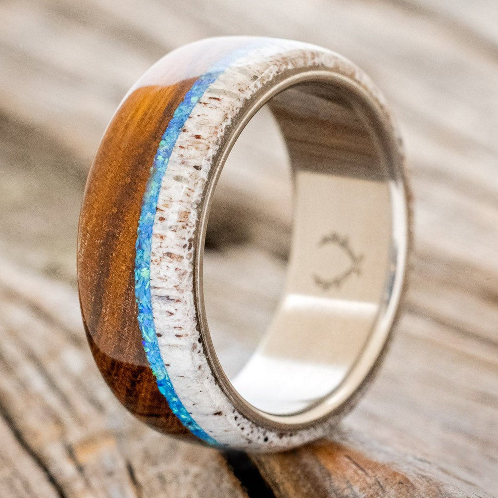 "ARGOS" - BLUE OPAL, IRONWOOD & ANTLER WEDDING BAND-1