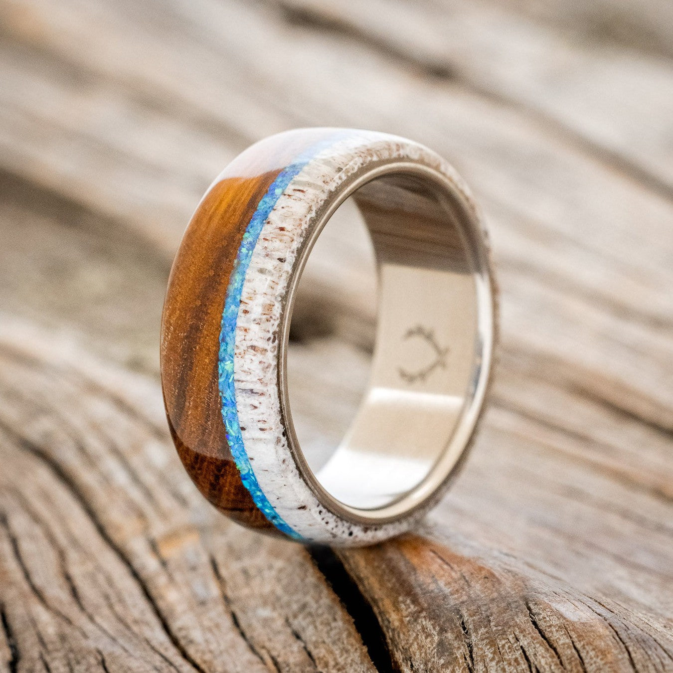 "ARGOS" - BLUE OPAL, IRONWOOD & ANTLER WEDDING BAND-1
