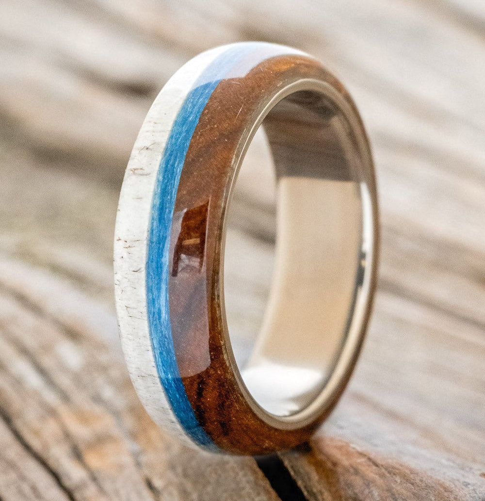 "ARGOS" - IRONWOOD, ANTLER & BLUE FISHING LINE WEDDING BAND-1