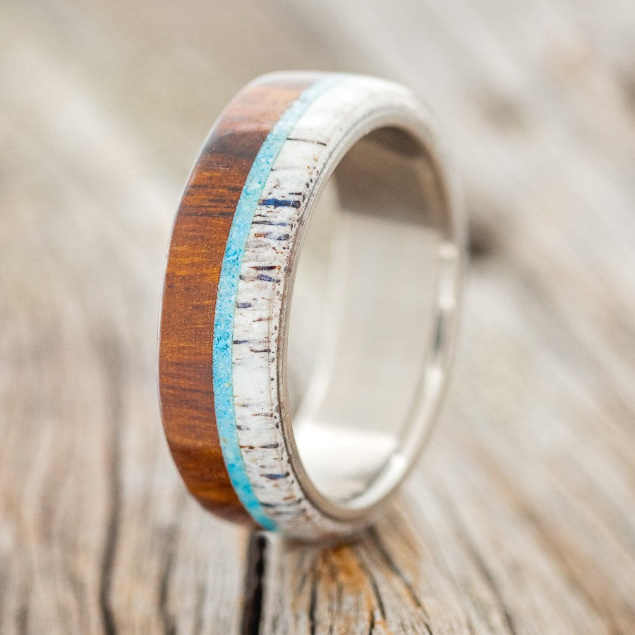 "ARGOS" - IRONWOOD, ANTLER & TURQUOISE WEDDING BAND-1