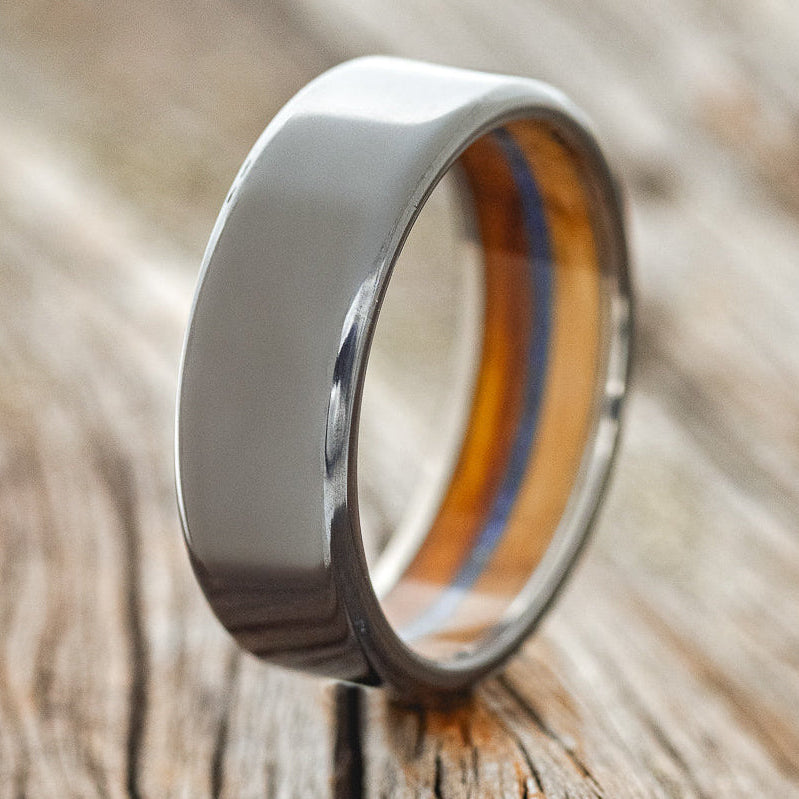"ARGOS" - IRONWOOD, WHISKEY BARREL OAK & LAPIS LAZULI LINED WEDDING BAND - READY TO SHIP-1