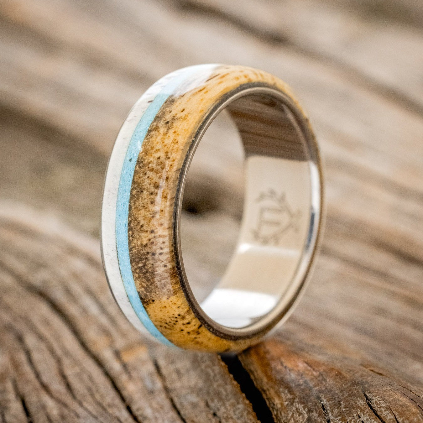 "ARGOS" - SPALTED MAPLE, TURQUOISE & ANTLER WEDDING BAND-1