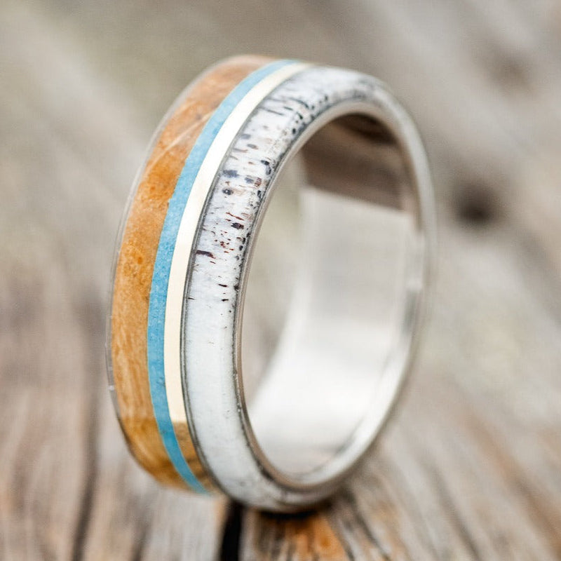 "ARGOS" - WHISKEY BARREL OAK, TURQUOISE, ANTLER & 14K GOLD INLAY WEDDING BAND-1
