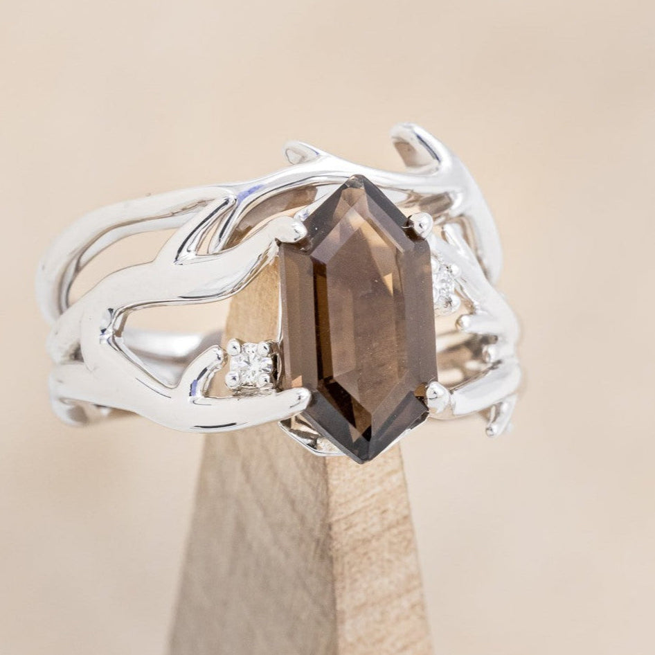 "ARTEMIS" - ELONGATED HEXAGON SMOKY QUARTZ ENGAGEMENT RING WITH DIAMOND ACCENTS & ANTLER STYLE STACKER-1