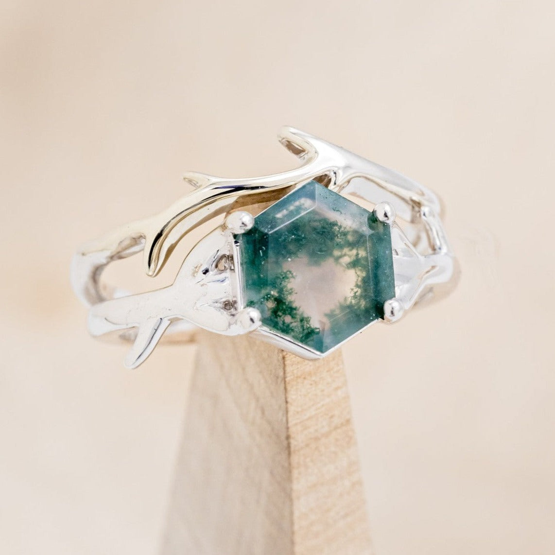 "ARTEMIS" - HEXAGON MOSS AGATE ENGAGEMENT RING WITH AN ANTLER-STYLE STACKING BAND-1