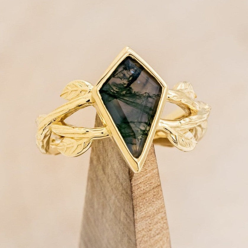 "ARTEMIS ON THE VINE" - BEZEL SET KITE CUT MOSS AGATE ENGAGEMENT RING-1