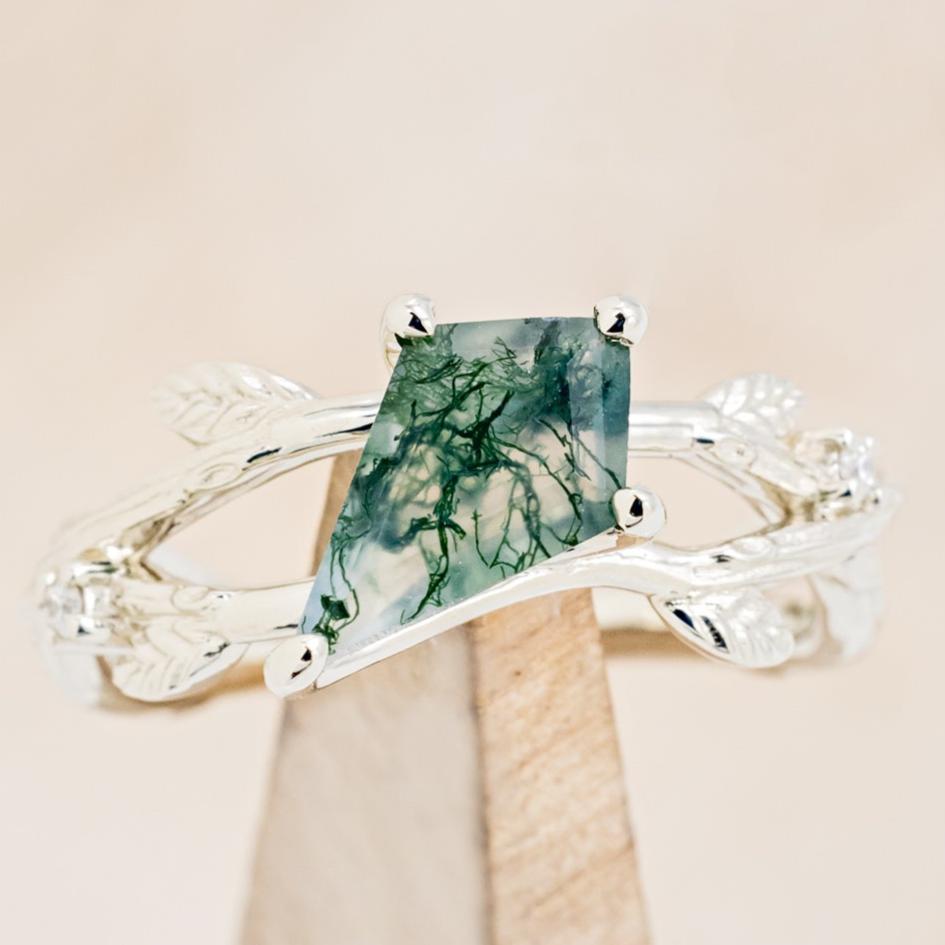 "ARTEMIS ON THE VINE" - DIAGONAL KITE CUT MOSS AGATE ENGAGEMENT RING WITH DIAMOND ACCENTS & A BRANCH-STYLE BAND-7