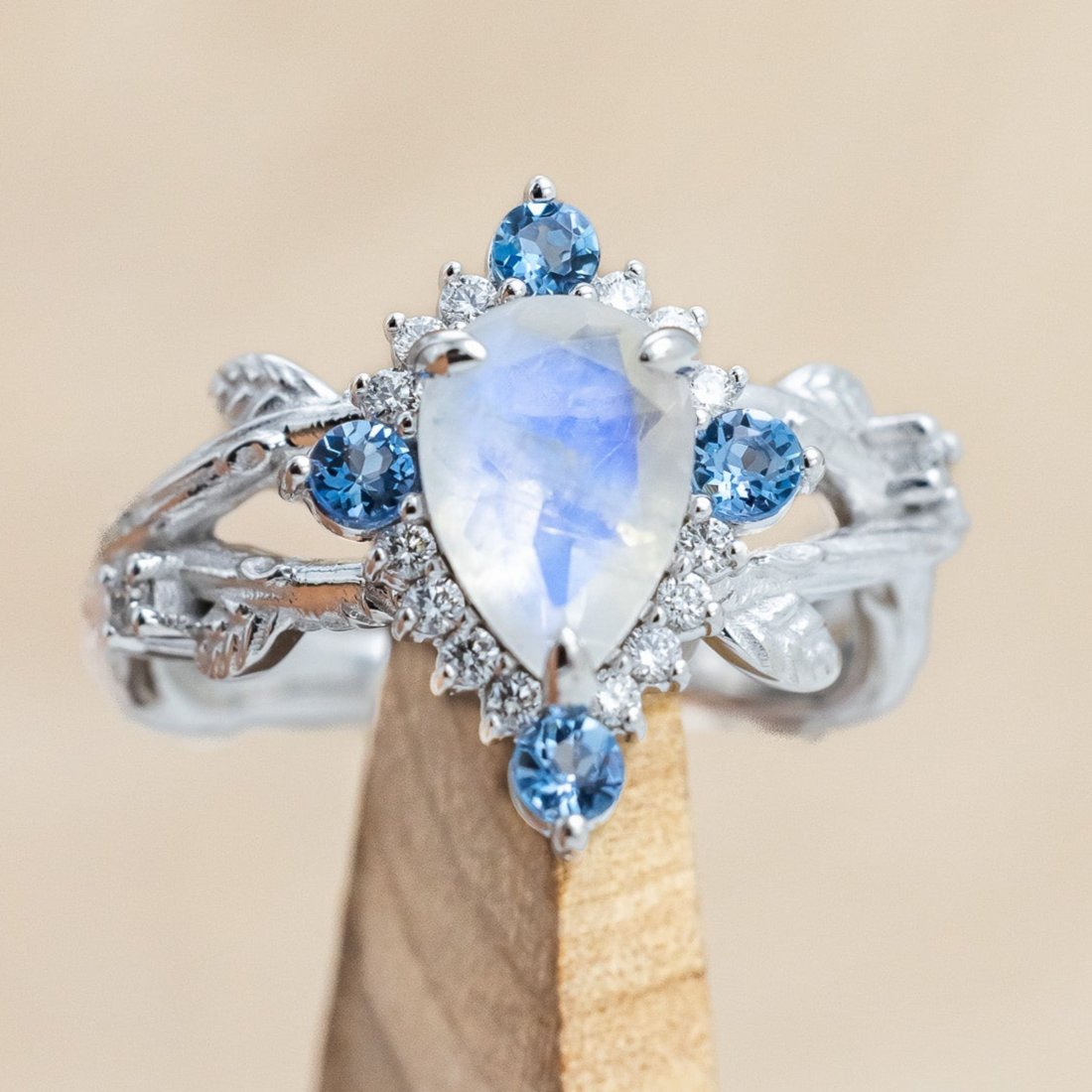 "ARTEMIS ON THE VINE DIVINE" - PEAR CUT MOONSTONE ENGAGEMENT RING WITH DIAMOND & AQUAMARINE ACCENTS IN A BRANCH-STYLE BAND-Staghead Designs