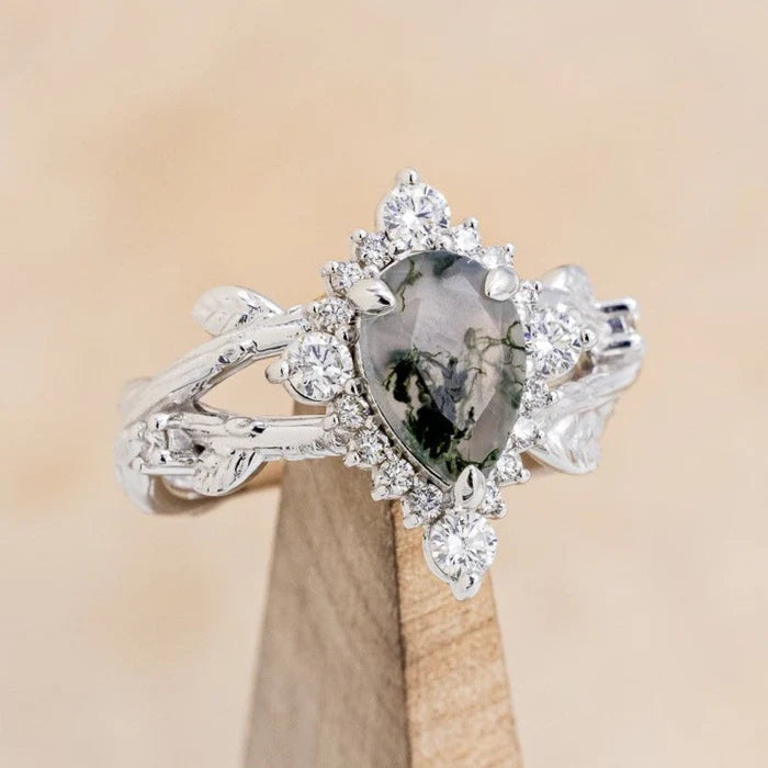 "ARTEMIS ON THE VINE DIVINE" - PEAR CUT MOSS AGATE ENGAGEMENT RING WITH DIAMOND ACCENTS - 14K WHITE GOLD - SIZE 10 1/2-Staghead Designs