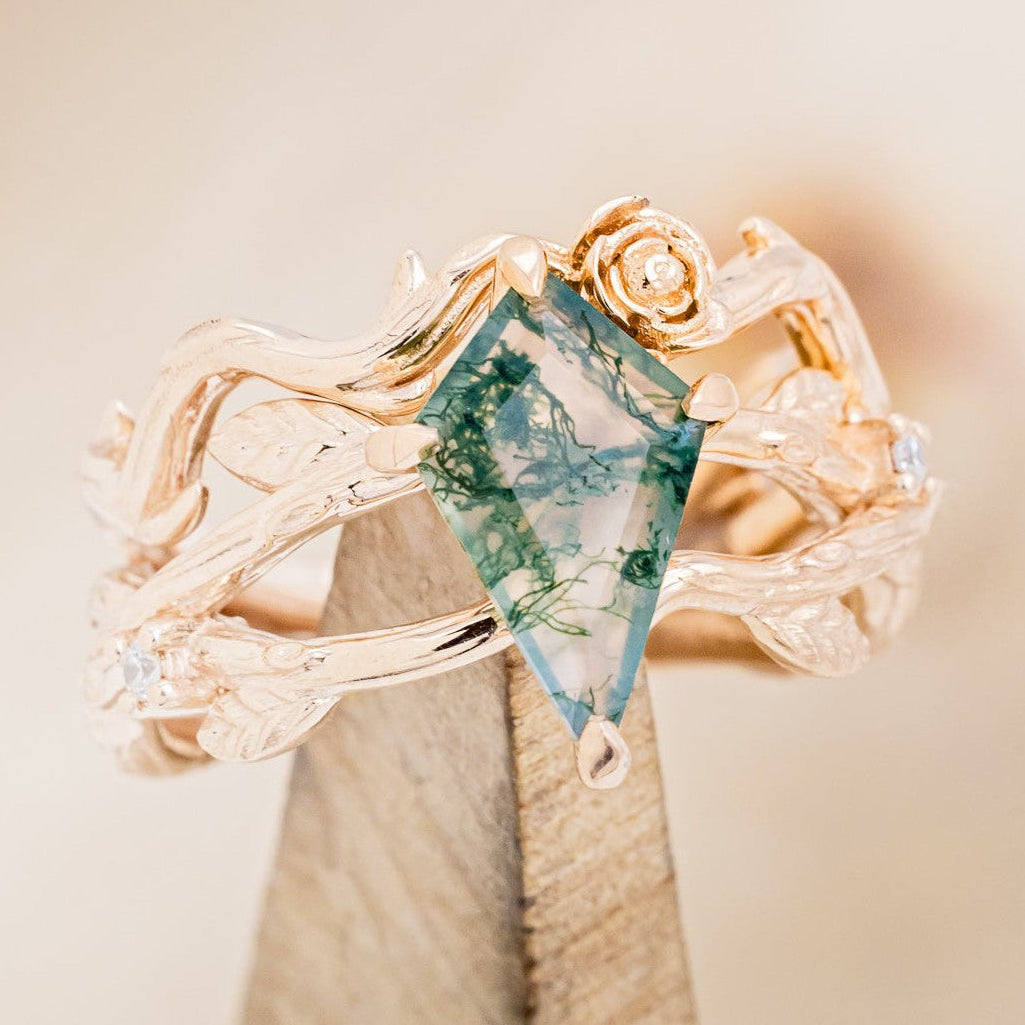 "ARTEMIS ON THE VINE" - KITE CUT MOSS AGATE ENGAGEMENT RING WITH DIAMOND ACCENTS & "BRIAR" BRANCH-STYLE TRACER-1