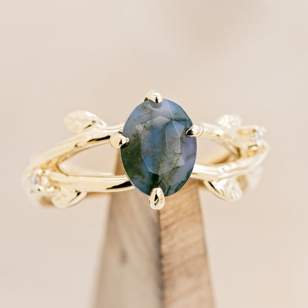 "ARTEMIS ON THE VINE" - OVAL CUT MOSS AGATE ENGAGEMENT RING WITH DIAMOND ACCENTS & A BRANCH-STYLE BAND-1