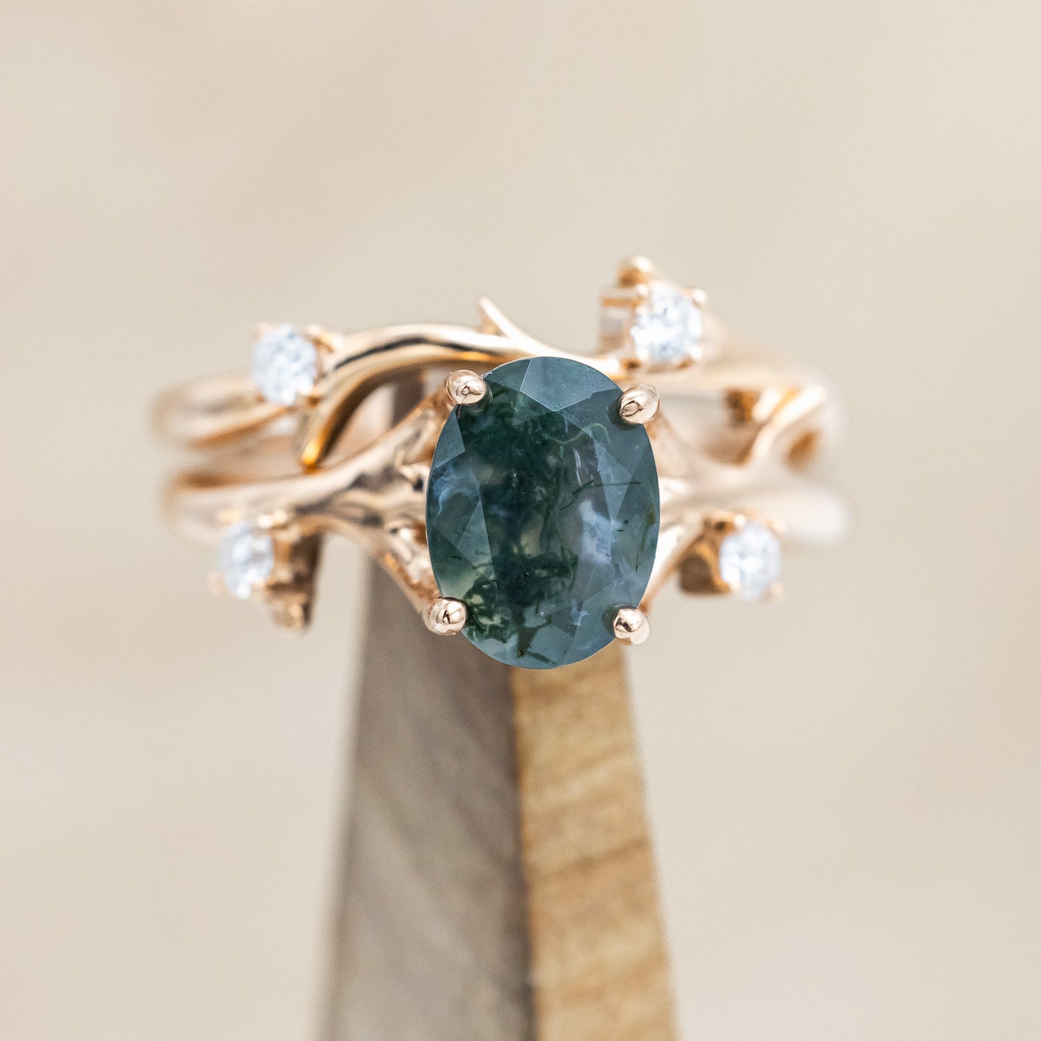"ARTEMIS" - OVAL CUT MOSS AGATE ENGAGEMENT RING WITH DIAMOND ACCENTS & STACKING BAND-Staghead Designs