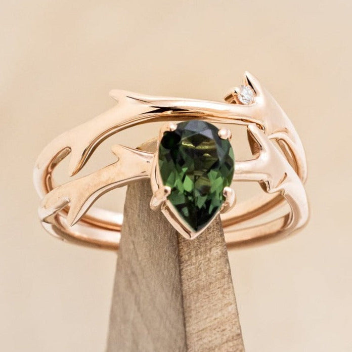 "ARTEMIS" - PEAR GREEN TOURMALINE ENGAGEMENT RING WITH AN ANTLER-STYLE STACKING BAND WITH DIAMOND ACCENT-1