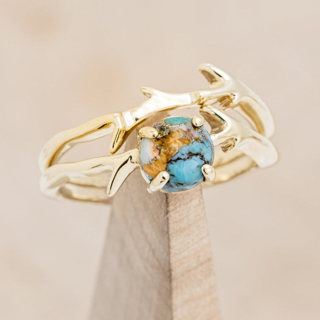 "ARTEMIS" - ROUND CUT SPINY OYSTER TURQUOISE ENGAGEMENT RING WITH AN ANTLER-STYLE STACKING BAND-1