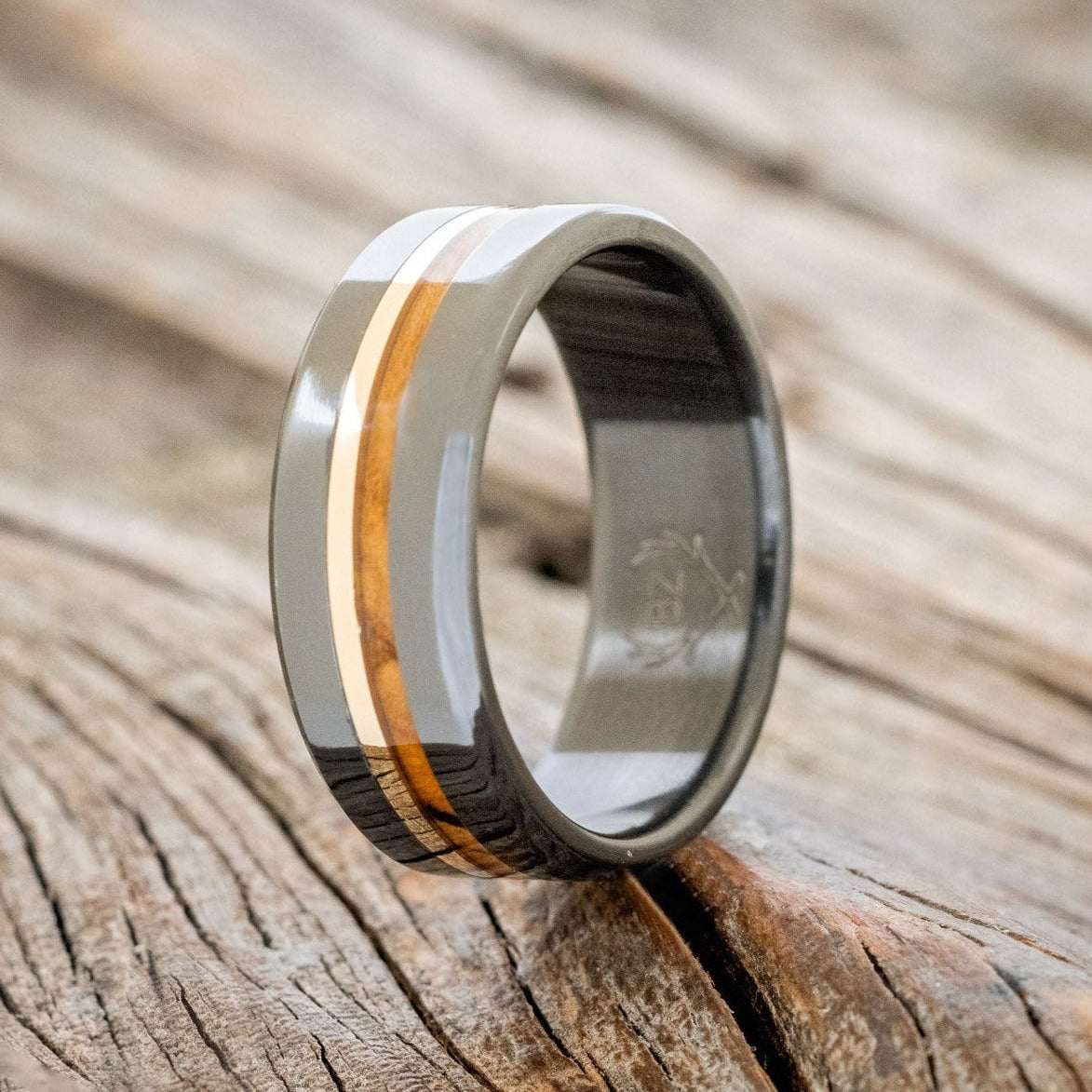 "ASHER" - BETHLEHEM OLIVE WOOD & A 14K GOLD INLAY WEDDING RING-1