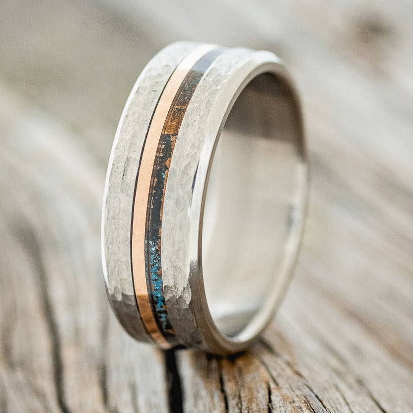 "ASHER" - CENTERED PATINA COPPER & 14K GOLD INLAY WEDDING BAND WITH HAMMERED FINISH-1