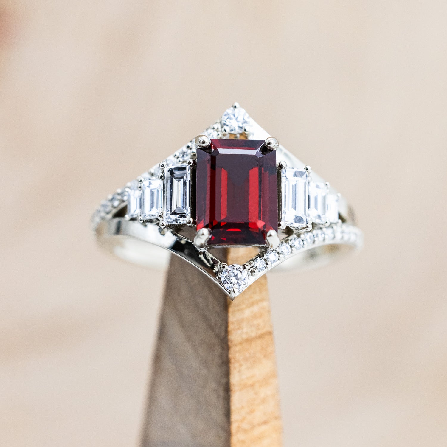 "ATHENA" - EMERALD CUT MOZAMBIQUE GARNET ENGAGEMENT RING WITH DIAMOND ACCENTS-Staghead Designs