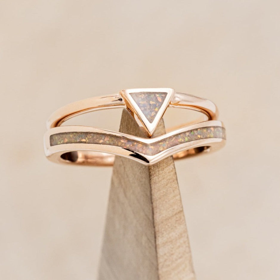 "ATLANTIS" - 14K GOLD TRIANGLE RING & V-SHAPED TRACER SET WITH FIRE & ICE OPAL-1