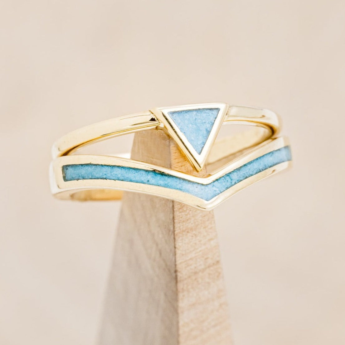 "ATLANTIS" - TRIANGLE TURQUOISE ENGAGEMENT RING WITH V-SHAPED TURQUOISE TRACER-1