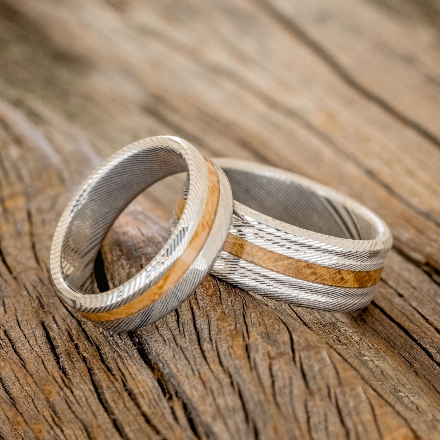 "AUSTIN" - MATCHING SET OF ETCHED DAMASCUS STEEL WEDDING BANDS WITH WHISKEY BARREL INLAY-1