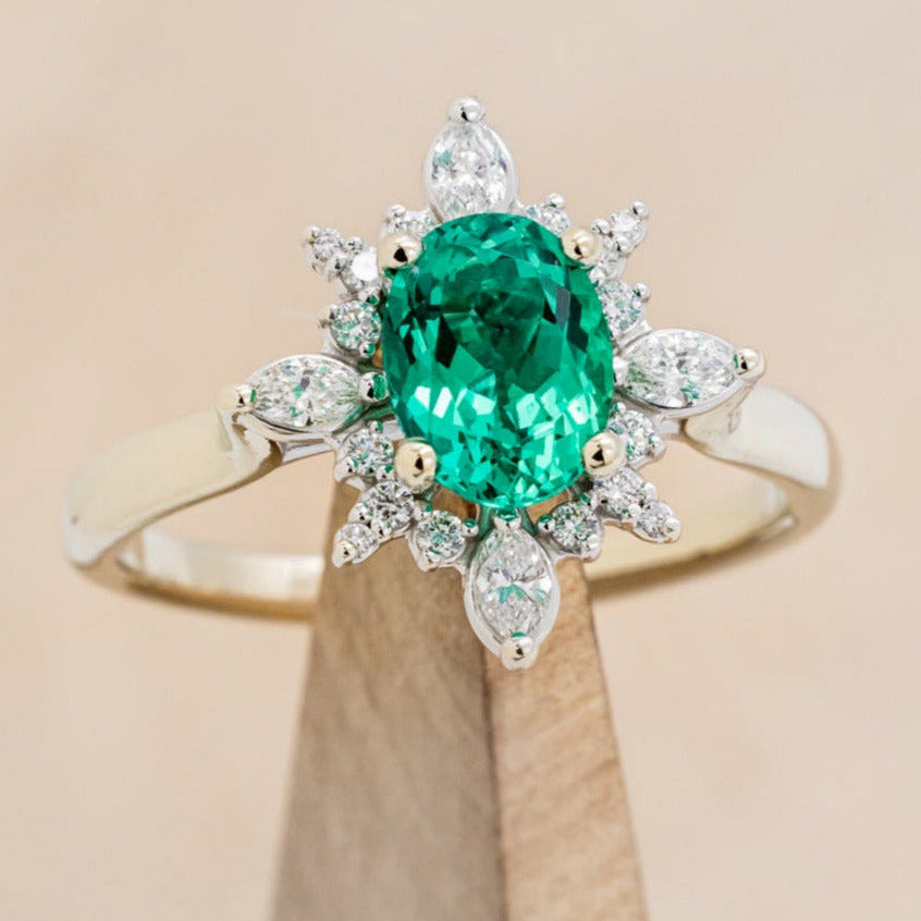 "AZALEA" - OVAL LAB-GROWN EMERALD ENGAGEMENT RING WITH DIAMOND HALO-15