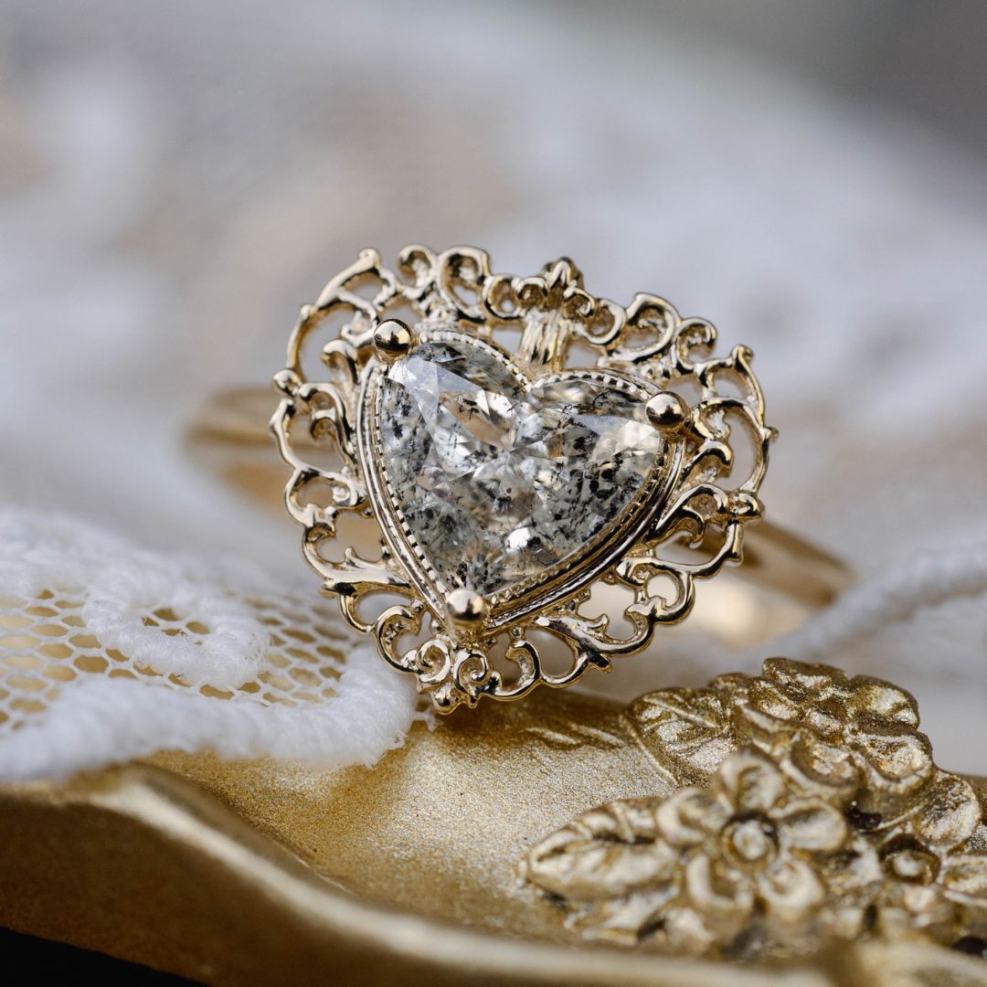 ONE-OF-A-KIND - "ADELAIDE" - SOLITAIRE HEART CUT SALT & PEPPER DIAMOND ENGAGEMENT RING WITH VINTAGE-STYLE FILIGREE-Staghead Designs
