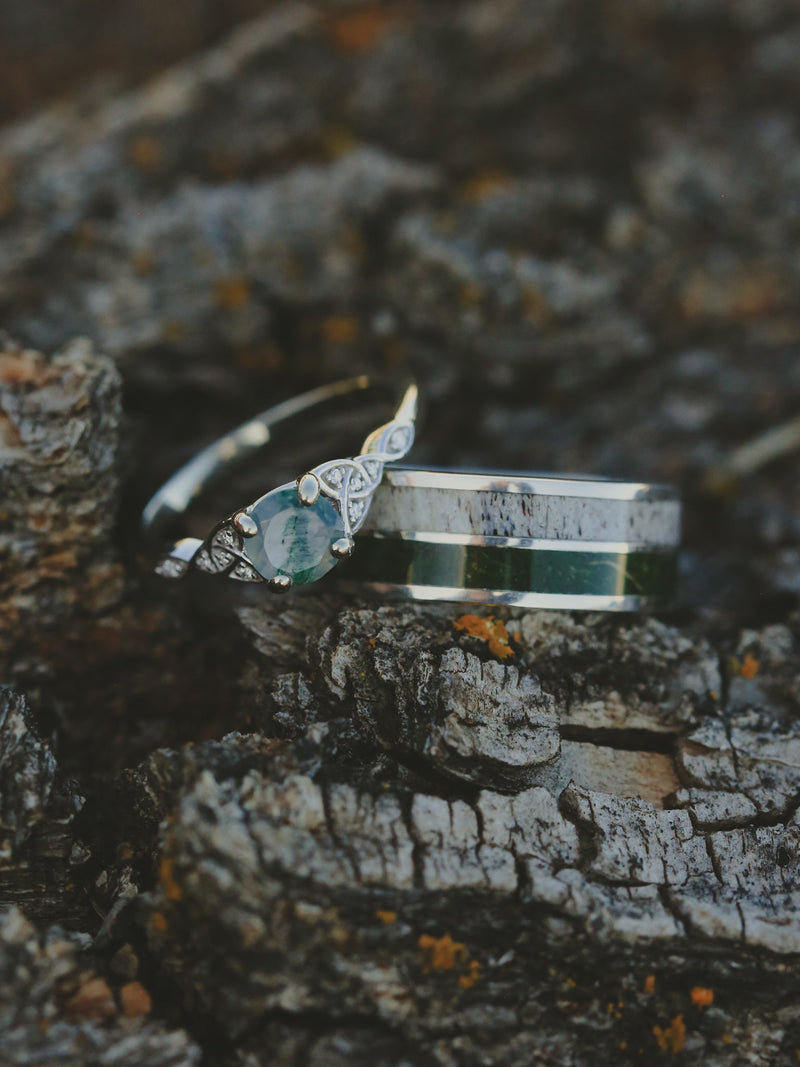 "AIFE" - CELTIC KNOT ROUND CUT MOSS AGATE ENGAGEMENT RING & TRACER-19